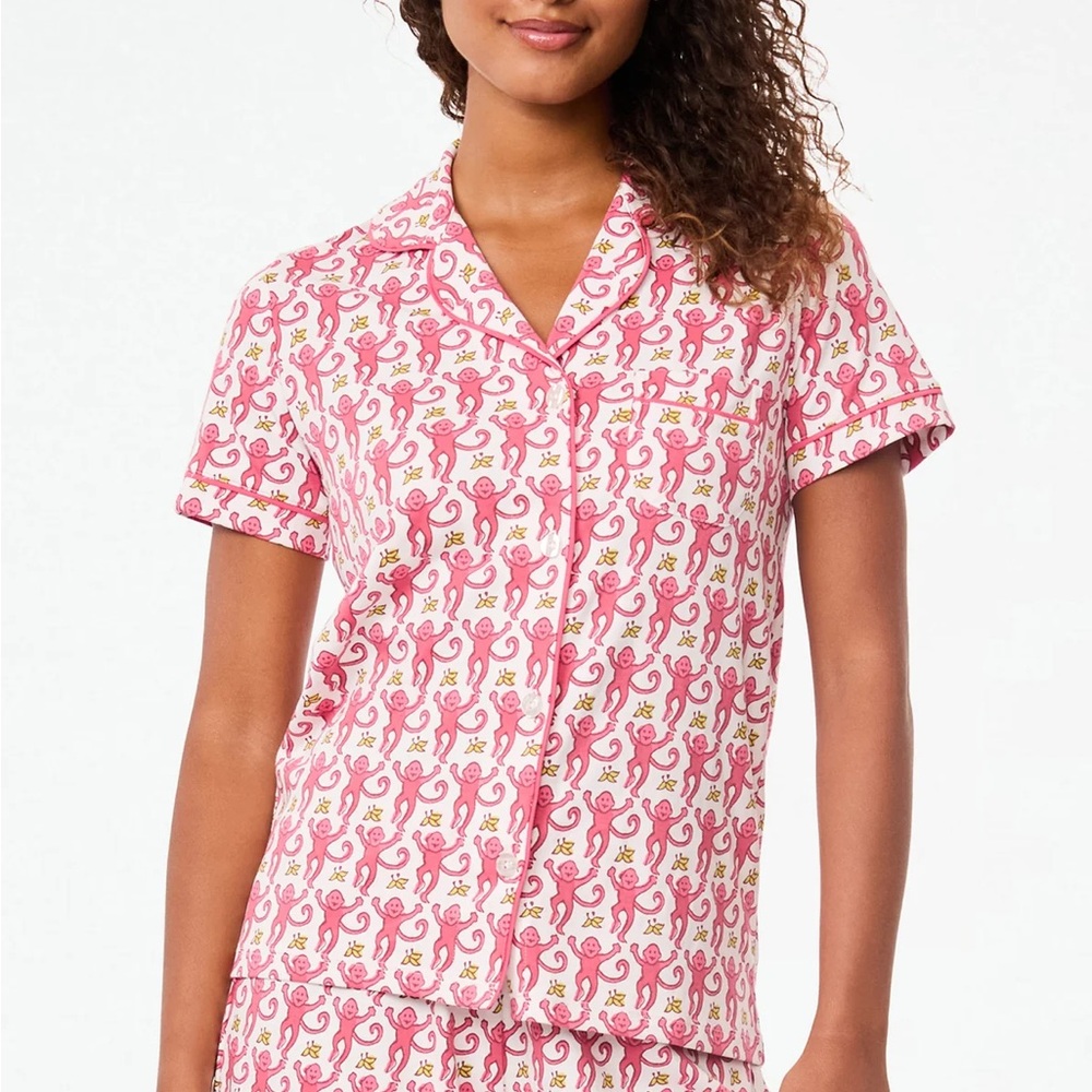 Roller Rabbit Pink and White Monkeys Pajama Set NEW XS
